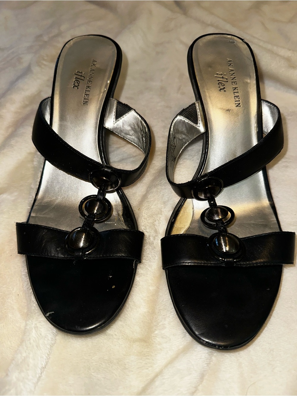 Anne Klein Black Leather Ring-Accent Slide Heels